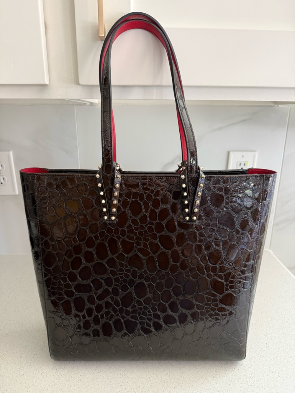 Christian Louboutin North South Embossed Tote Chocolate Brown Leather
